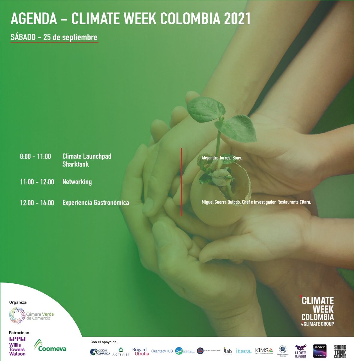 CamaraVerdeOrg's tweet photo. No te pierdas la maravillosa agenda de hoy en #ClimateWeekColombia2021.   8 a 11 am Launchpad Sharktank. 11-12 Networking y 12m- 2pm Experiencia gastronómica. Esta buenísimo, te esperamos! https://t.co/cZZOZOjLp2