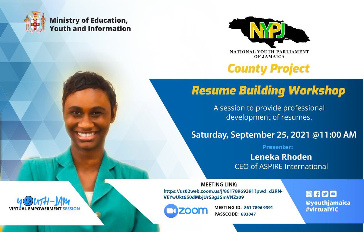 Topic: Resume Building Workshop
Time: Sep 25, 2021 09:45 AM Bogota
Join Zoom Meeting

us02web.zoom.us/j/86178969391?…

Meeting ID: 861 7896 9391
Passcode: 683047