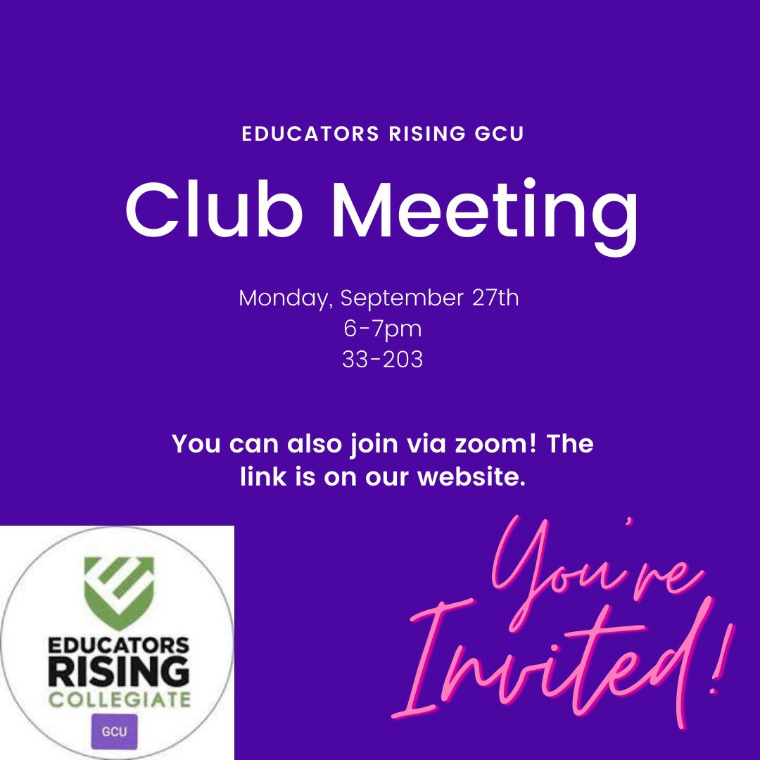 GCUEducators's tweet image. We would love to have you guys join us for our first meeting! Monday, September 27th 6-7pm in 33-203! You can also join via zoom and the link is on our website!