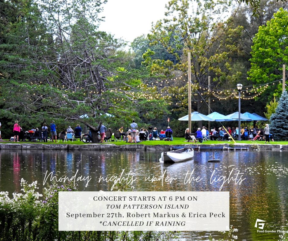Mark your calendars for the final Monday Nights Under The Lights concert on Tom Patterson Island (Monday, September 27 at 6 PM). This FREE event features Stratford Festival performers including Robert Markus &amp; Erica Peck. See you under the lights! 🎶✨bit.ly/3u2gYBy