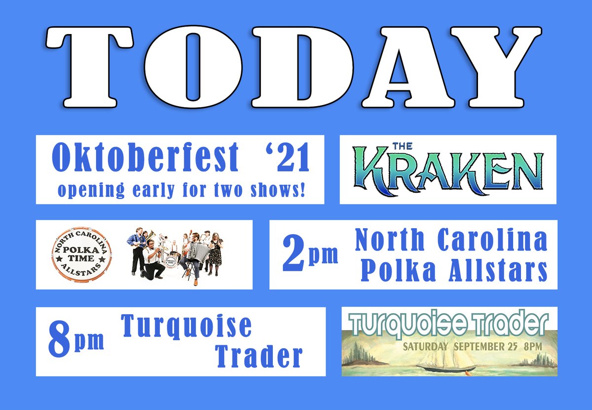 The Kraken's open at 1pm today!
2pm - Oktoberfost starts with the North Carolina Polka Time Allstars facebook.com/events/3080443…
---------------------
8pm Late show - Turquoise Trader facebook.com/events/2708571…
---------------------
Can't wait to see you!  Prost!