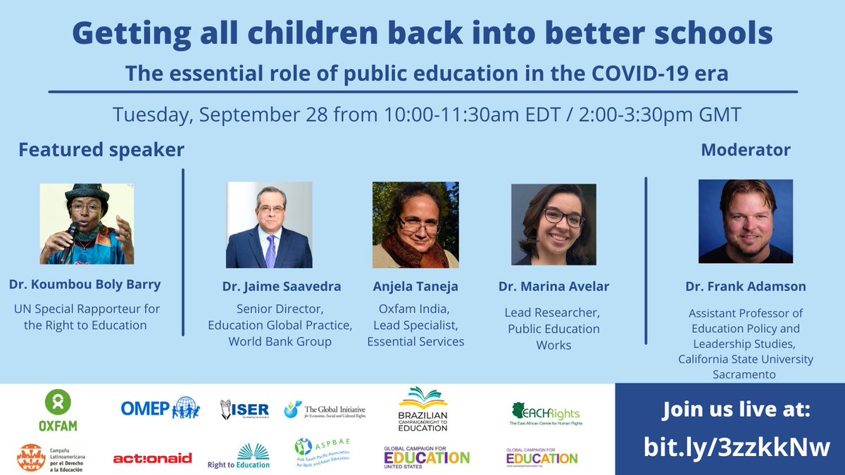 Doctorate in Ed. (@sacstateedd) on Twitter photo JOIN Moderator, Dr. <a href="/frankadamson/">Dr. Frank Adamson</a> | 9/28, 2PM GMT.
Getting all children back into better schools:
The essential role of public education in the COVID-19 era <a href="/WorldBank/">World Bank</a> Civil Society Policy Forum, <a href="/WBG_Education/">World Bank Education</a>
RSVP bit.ly/3zDu4pU or Watch LIVE bit.ly/2XJb9Nn JOIN Moderator, Dr. <a href="/frankadamson/">Dr. Frank Adamson</a> | 9/28, 2PM GMT.
Getting all children back into better schools:
The essential role of public education in the COVID-19 era <a href="/WorldBank/">World Bank</a> Civil Society Policy Forum, <a href="/WBG_Education/">World Bank Education</a>
RSVP bit.ly/3zDu4pU or Watch LIVE bit.ly/2XJb9Nn