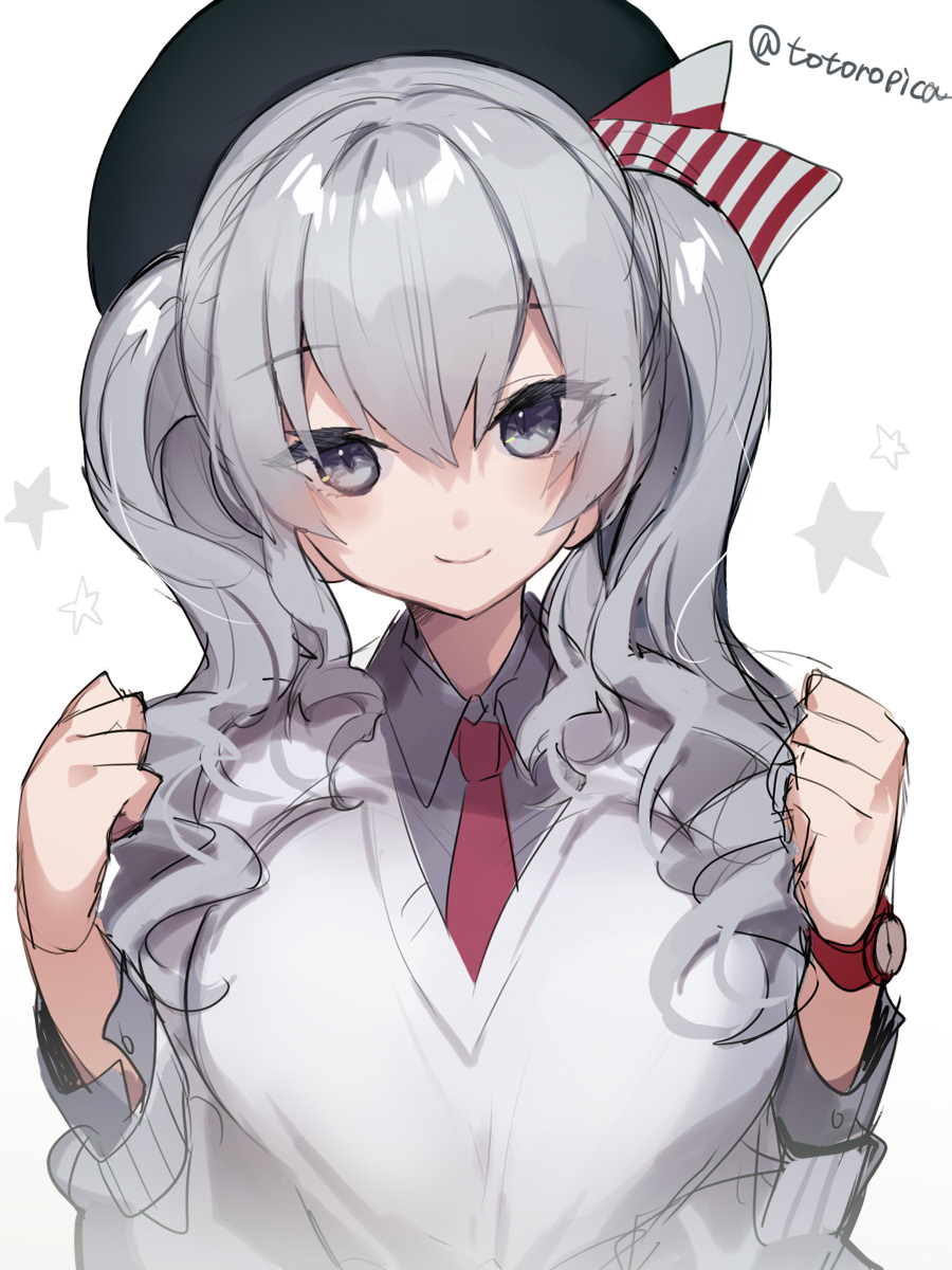 kashima (kancolle) 1girl solo grey hair twintails hat watch upper body  illustration images