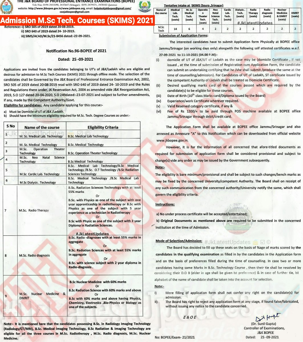 JkLatestUpdates's tweet photo. [J&amp;K BoPEE ]
.
.
>> Admission Notification For MSc Technology Courses (SKIMS) 2021. #JkLatestUpdates
.
.
> [SHARE IT] + #Kashmir #Jammu #JKBoPEE #MScTechnology #SKIMS  @DirectorSkims @ag_ahangar @diprjk @HealthMedicalE1 @DHSKashmir @NHMJK5 @infjammu @RJSameenKhan @dar_owais https://t.co/ptBJxRdCFU