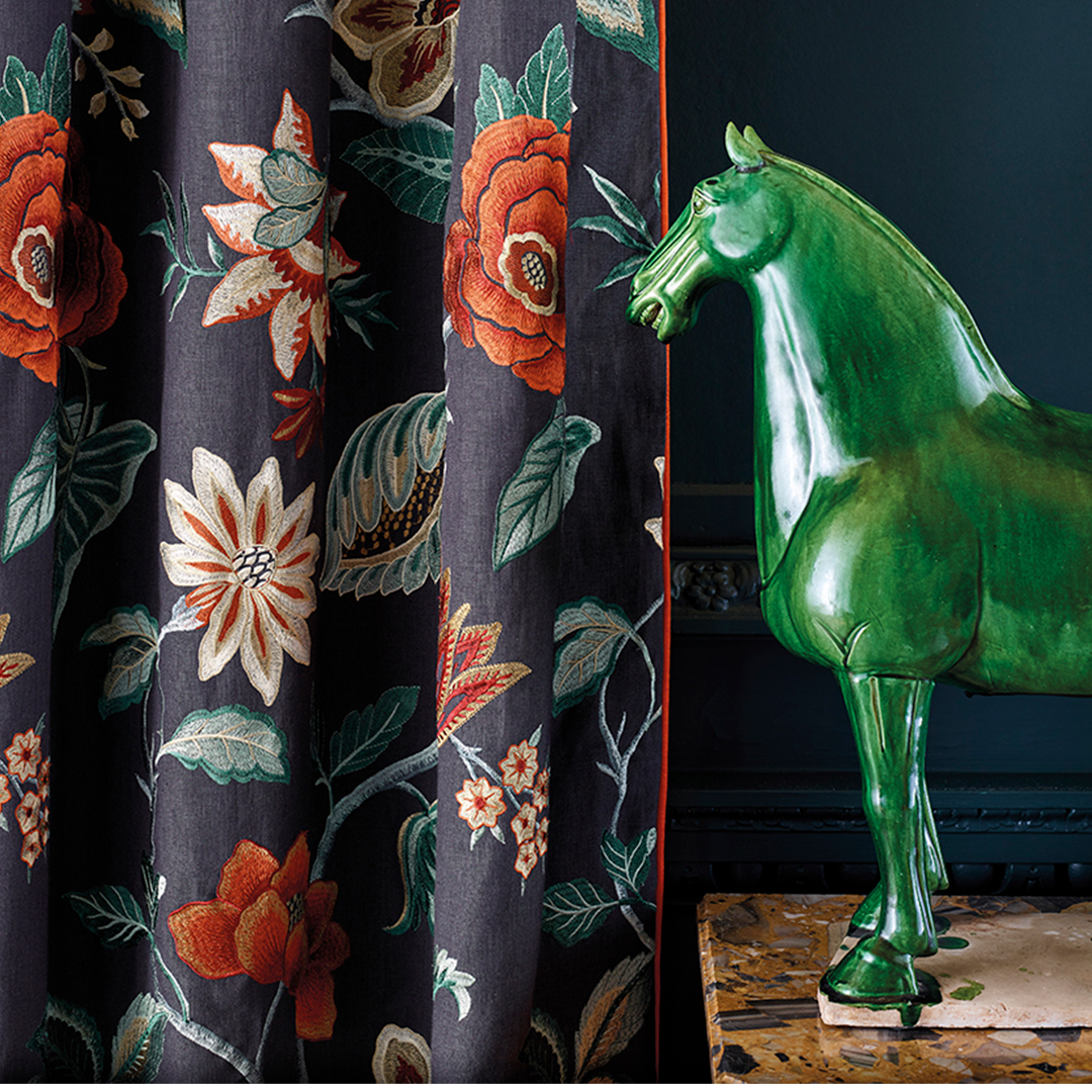 Anjolie De Novo was inspired by a Zoffany heritage design, Suzani Embroidery, that has been brought down in scale and simplified to create a contemporary yet eclectic layered look. The orange effortlessly adds warmth within the deep hues of blue.

Fabric: bit.ly/2VhlSNy