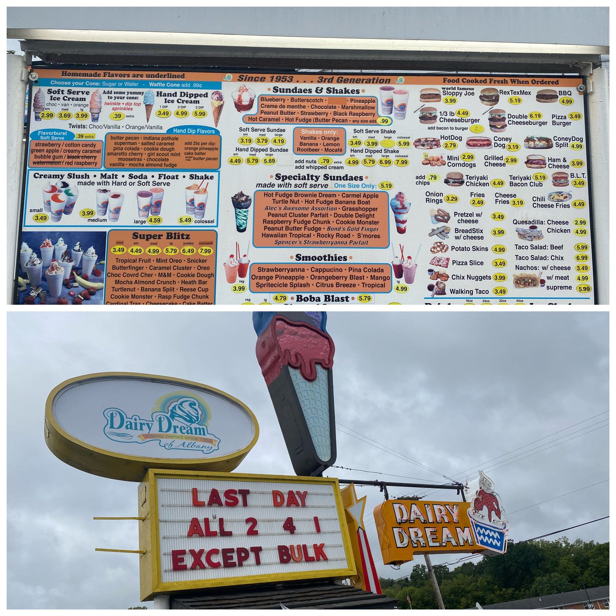 Last day of the season at Dairy Dream of Albany, not closed this early in over 60 years, due to not enough workers. 2-4-1 on all items, except bulk. 805 W Walnut St, Albany Entire family working today!!! Turtle Nut Sundae has my name on it &amp;homemade sloppy joe #IceCream