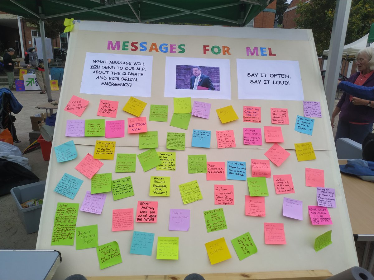 GNDUK_devon's tweet photo. Fantastic day in Crediton - met so many new people, lots who hadn't heard of a green new deal. Has inspired me to do more local Crediton-based stuff!
Plus great board from @suscred with messages to Mel Stride. Noted a few 'resign' post-its 😂 https://t.co/QIyuilg3nu