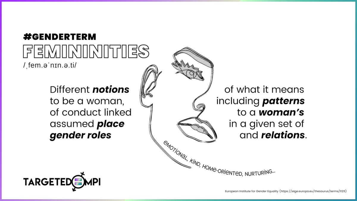 TargetedMPI's tweet photo. #GenderTerm: #Femininities
According to @eurogender, femininities are different notions of what it means to be a #woman, including patterns of conduct linked to a woman’s assumed place in a given set of #genderroles and relations.
#GenderEquality #TargetedMPI #SwafS #H2020 https://t.co/bpprVGHJ68