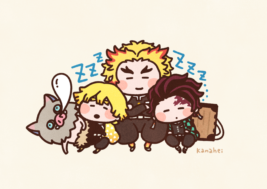 kamado tanjirou blonde hair sleeping multiple boys 3boys scar on face chibi closed eyes  illustration images