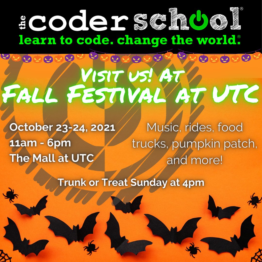 CoderSchoolSRQ's tweet image. Visit us this weekend at UTC's Fall Festival, located at The Mall at UTC! We will be participating in the pumpkin patch and trunk-or-treat!
#coding #halloween #pumpkinpatch #fallfestival #fall
#trickortreat #programming #scratchcoding #codingisfun #cplusplus #csharp #sarasota