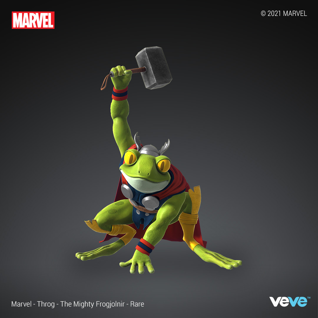 Marvel's tweet photo. ⚡🐸 The mighty Frog of Thunder electrifies the world of digital collectibles! In 30 minutes, Throg digital statues drop in the @veve_official app: https://t.co/aVWAYZxzco https://t.co/LW731bpdDf