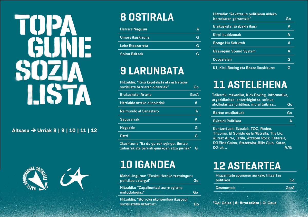 Hemen da #TPGNSozialista|ko egitaraua!

Urriaren 8tik 12ra bitartean, hitzaldiak, kontzertuak eta beste antolatu ditugu Altsasun, <a href="/GKSozialista/">Gazte Koordinadora Sozialista</a>|rekin batera.

Bonoa erosteko: gks.eus/topagunesozial…