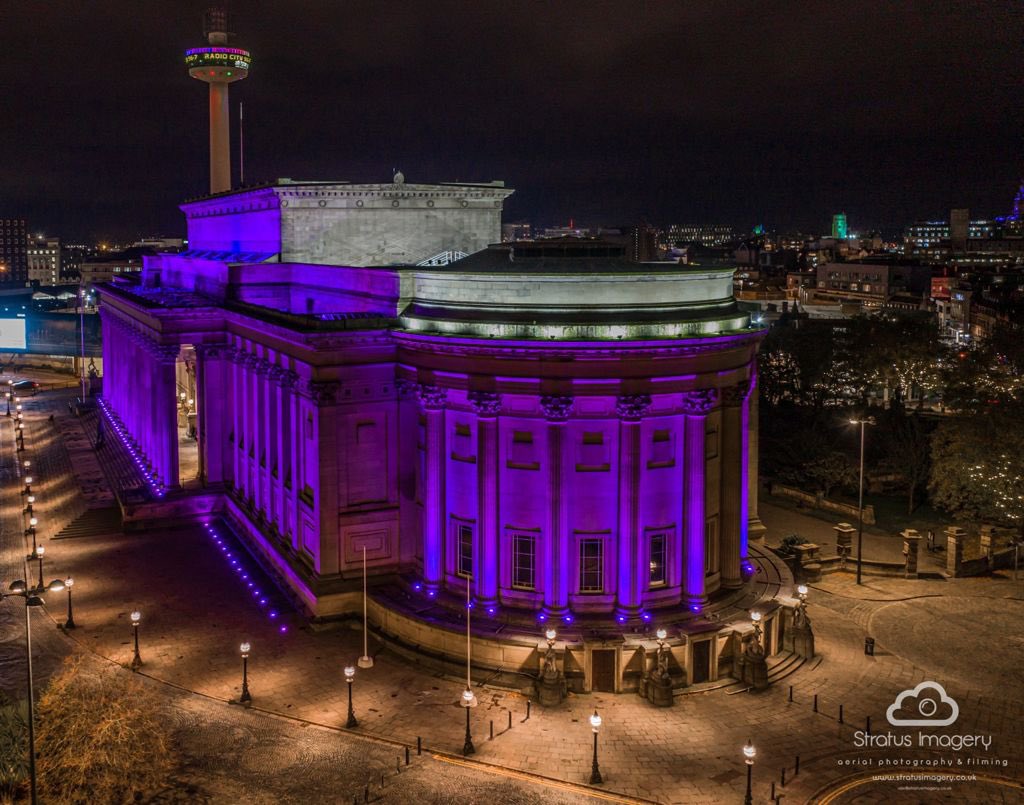CultureLPool's tweet photo. If you can join us tonight in lighting a candle or shining a light to remember the victims of knife crime we appreciate your support as venues across #Liverpool are lit purple this evening as we join in nationally to remember and reflect 💜 📸 @stratusimagery #PlatformForChange https://t.co/DGMaF7XO73