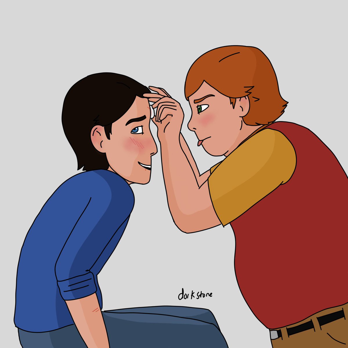dorkstone's tweet photo. This is for @Joby_Shipweek day 2: hurt/comfort! Early on, Jim canβt go to his mom to get patched up, so obviously Toby is there to help! #hammerhunter https://t.co/xvlQQi9kh4
