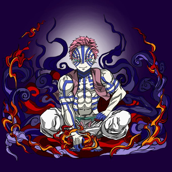 天闘士美少女さんがTwitterに投稿した猗窩座(鬼滅の刃)のイラスト。