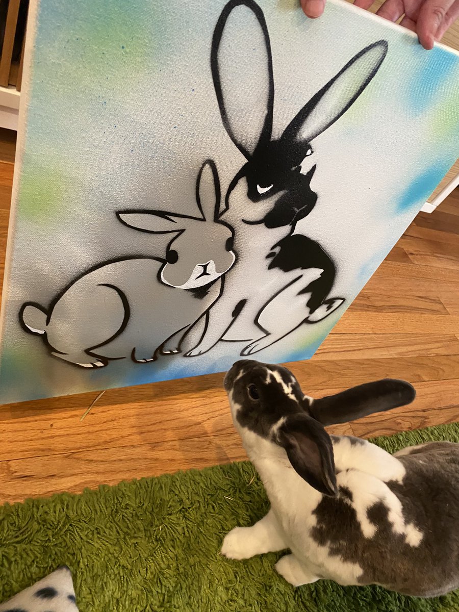 faustinya's tweet image. Happy #InternationalRabbitDay! Recently did some stencil/spray-paint art with friends for the first time, and today is a fitting day to post the piece I did of our bunnies! ๐ฐ๐๐ฐ #NationalRabbitDay