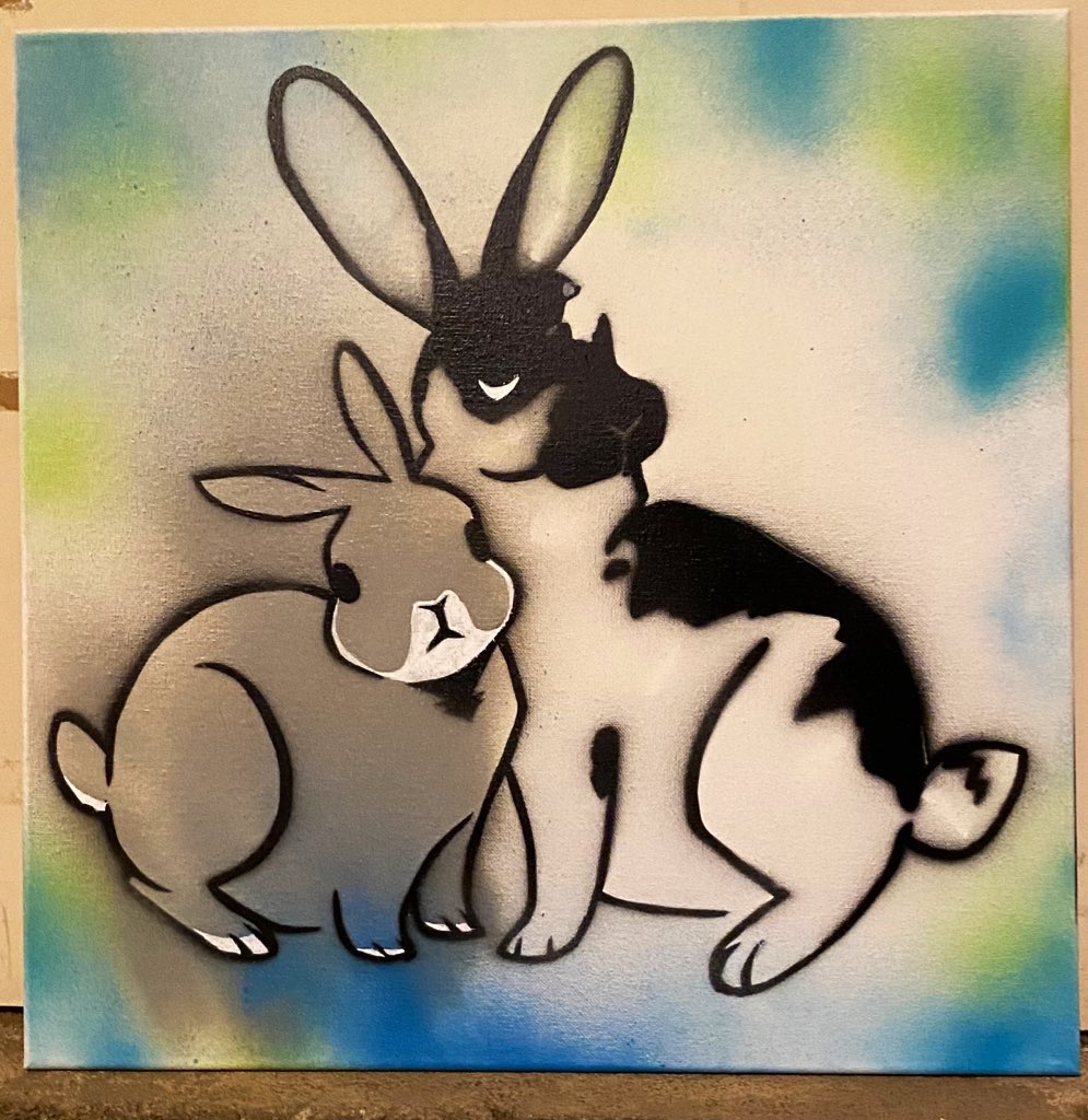faustinya's tweet image. Happy #InternationalRabbitDay! Recently did some stencil/spray-paint art with friends for the first time, and today is a fitting day to post the piece I did of our bunnies! ๐ฐ๐๐ฐ #NationalRabbitDay