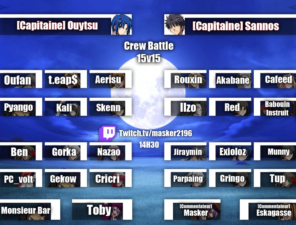 Masker_Sol's tweet photo. Elle est en préparation depuis un petit moment et elle arrive demain 14H30.
Trente joueurs pour une crew battle 15v15 pour Melty Blood AACC !
On va fêter l'arrivée prochaine de Type Lumina et célébrer la commu française de Melty avec cet event !
Soyez là !
https://t.co/rokT1ETH0x https://t.co/QOSzb7sq9o