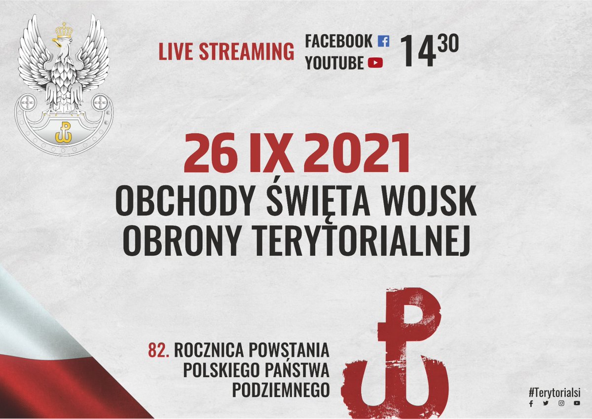 terytorialsi's tweet photo. Już za 3 godziny na Placu Marszałka Józefa Piłsudskiego w #Warszawa rozpocznie się uroczysty apel z okazji #świętoWOT. Wręczone zostaną sztandary wojskowe pięciu brygadom oraz Centrum Szkolenia WOT.

Bądź razem z nami! 📺

 👉 https://t.co/btfI27kZpK

#terytorialsi #zawszeblisko https://t.co/W4p6bqBsWC