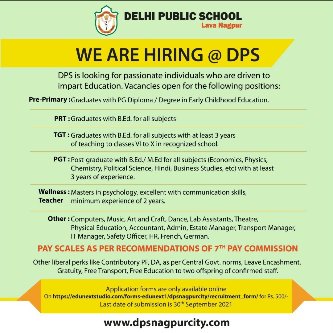 #5daystogo
If you are an enthusiastic learner&amp;ready to upgrade yourself with the new techniques in the teaching field, if you seek creative freedom then DPS Lava Nagpur is the school for your dreams
Interested candidate can apply at the following link -  edunextstudio.com/forms-edunext1…