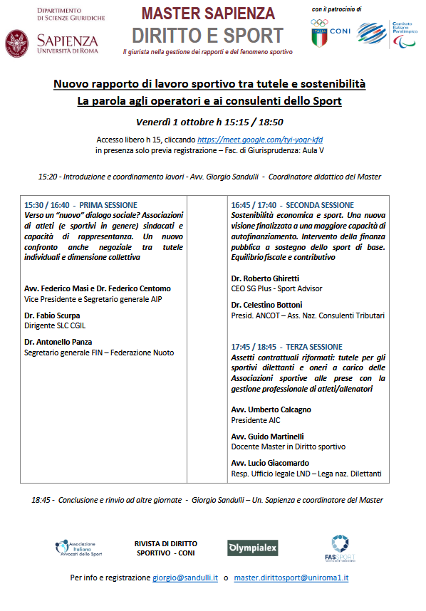 Nuovo #LavoroSportivo: un'ampia analisi insieme a tanti esperti e amici di #SapienzaDirittoSport: 1, 8, 15 e 22 ottobre
Cercheremo di comprendere dove va lo #sport tra opportune tutele e la ricerca del contenimento dei costi
Accesso libero su WEB meet.google.com/tyi-yoqr-kfd

#Vezzali
