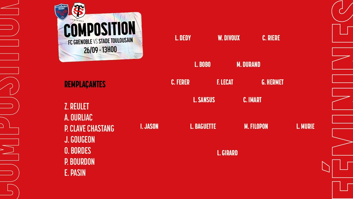 𝙇𝙖 𝙘𝙤𝙢𝙥𝙤 𝙙𝙪 𝙎𝙩𝙖𝙙𝙚 ⚡️

👀 Retrouvez les 23 Stadistes alignées pour défier le FC Grenoble Amazones, ce dimanche à 13h ! #FCGST

🗣 𝘼𝙡𝙡𝙚𝙯 𝙏𝙤𝙪𝙡𝙤𝙪𝙨𝙚 ! 🔴⚫️