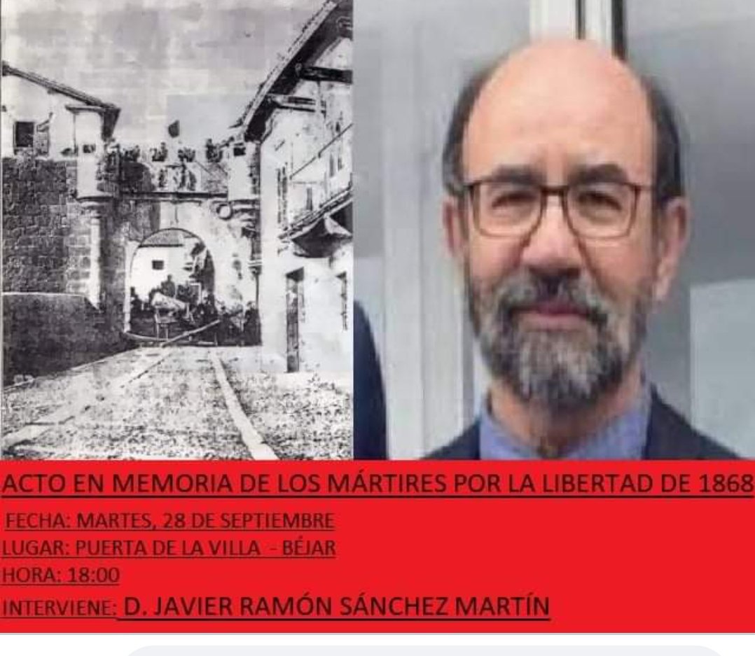 psoebejar's tweet photo. Acto en Memoria de los Mártires Por la Libertad de 1868 #Béjar. Interviene  D. Javier Ramón Sánchez Martín. Martes, 28 de Septiembre. Puerta de la Villa. 18:00 horas.  @psoebejar @PSOESalamanca https://t.co/tfIqinBK95