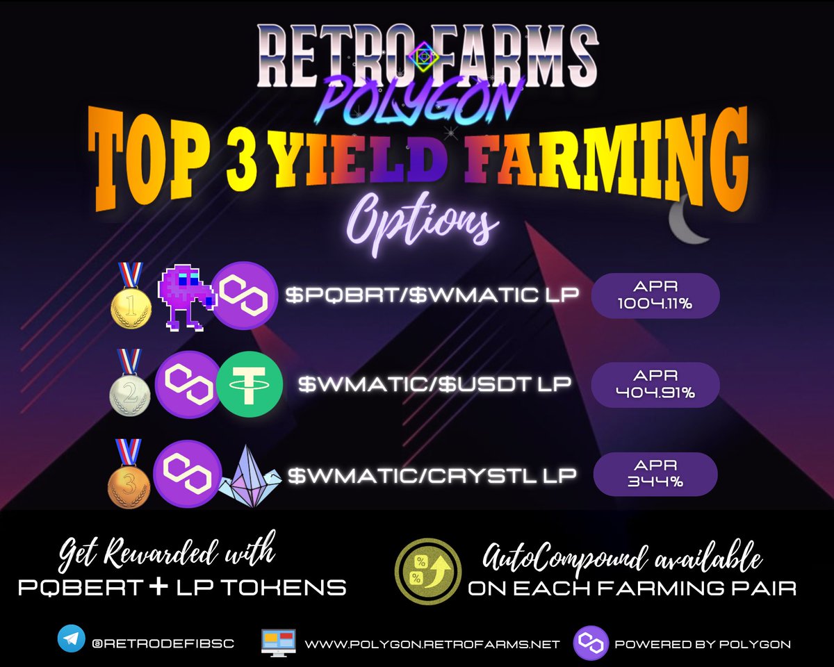retrodefi's tweet image. At RetroFarms our vaults will compound your LP while earning you $pQBERT,  $pQBERT rewards you in $MATIC just for holding 👾🔥

▪️ $pQBERT / $wMATIC LP 
▪️ $wMATIC / $CRYSTL LP
▪️ $wMATIC / $USDT     LP

$DFYN staking pool opens on Monday, Sept 27 ⏱

🔗 polygon.retrofarms.net