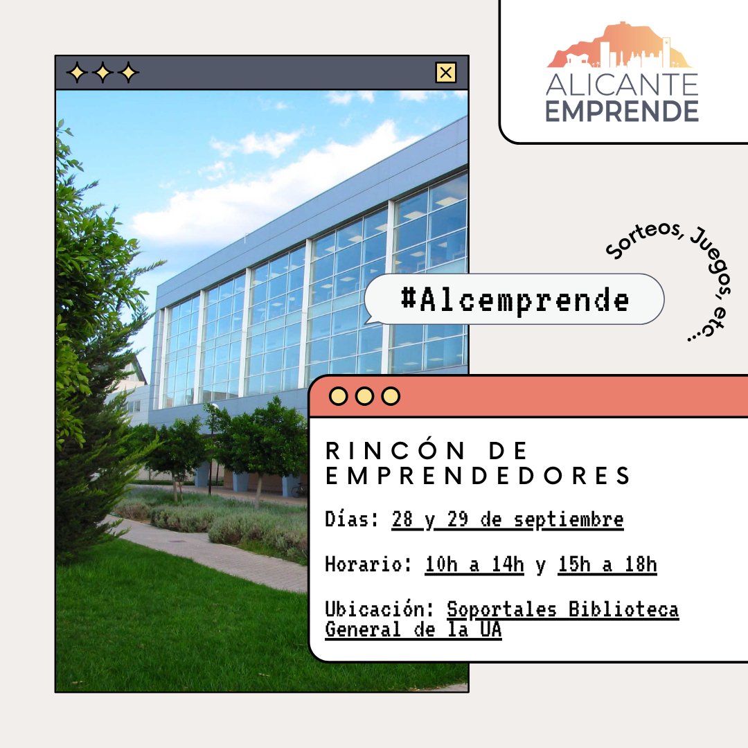 ALC Emprende (@alc_emprende) on Twitter photo Os esperamos en el Rincón del Emprendedor en la <a href="/UA_Universidad/">Universidad de Alicante UA</a>!! No os podéis perder los sorteos y actividades que os tenemos preparados. El equipo de Alicante Emprende os espera!! #Alcemp #AlicanteEmprende Os esperamos en el Rincón del Emprendedor en la <a href="/UA_Universidad/">Universidad de Alicante UA</a>!! No os podéis perder los sorteos y actividades que os tenemos preparados. El equipo de Alicante Emprende os espera!! #Alcemp #AlicanteEmprende
