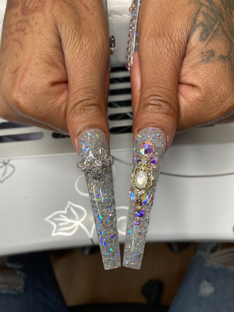 Expensive TASTE!!😜🧸💸🪙🧊💫✨I’m so fortunate to have one of my most loyal client’s be so unique and dope w/ her🔥💞nail ideas! #BeautyOfTheDay #nailsofinstagram #swarovskinails #NailedIt