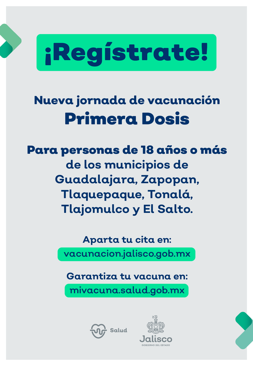 GobiernoJalisco's tweet photo. 💉Atención. Se abre el registro estatal para agendar cita para los siguientes segmentos:

✅ Primer dosis de 18 años en adelante.
✅ Segundas dosis de AstraZeneca para mayores de 30 años que se vacunaron antes del 23 de julio. 

Si te toca, regístrate en https://t.co/Hlwb25GyPz. https://t.co/IbeCeEkieJ