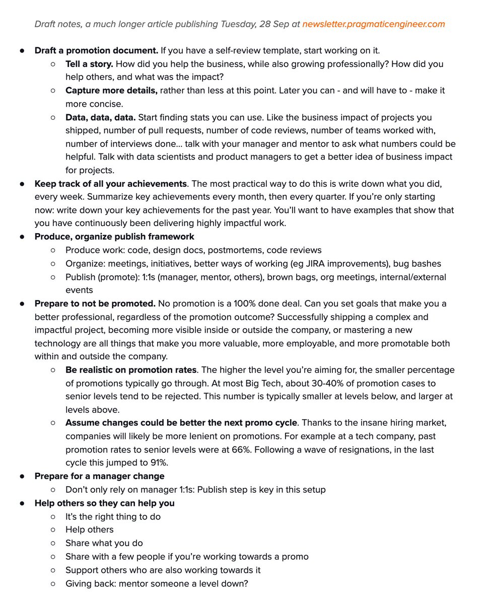What are ways you can prepare for a software engineering or engineering manager promotion ahead of time?

A lot, it turns out!

Here are 16 different things you can do to get ahead. 

(A much longer article coming out on Tuesday for newsletter subscribers.)