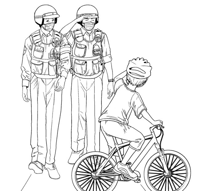 (絵日記)
事故処理中の警察官に、通りすがりの男の子が敬礼してました。 