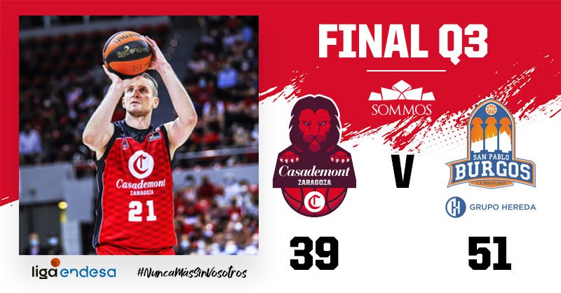 CasademontZGZ's tweet photo. Final del 3er cuarto 📍 pabellón Príncipe Felipe

#CasademontZaragoza 39 🆚 51 @SanPabloBurgos

#CZASPB #LigaEndesa | #NuncaMásSinVosotros🦁 https://t.co/kI25bNYb7g