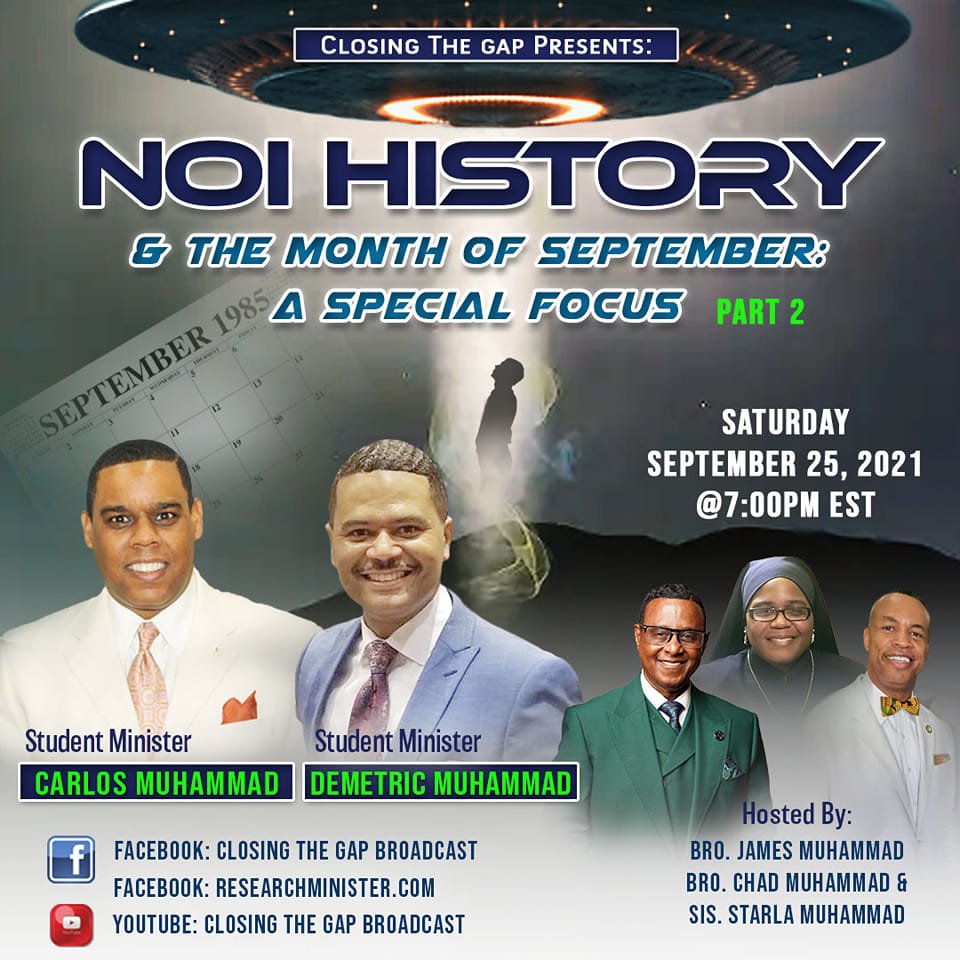 Renata564's tweet photo. TONIGHT!! Closing The Gap Presents Part 2:
NOI HISTORY & THE MONTH OF SEPTEMBER: A SPECIAL FOCUS
with Brother Carlos Muhammad & Brother Demetric Muhammad
#ClosingTheGapBroadcast #7thRegion #Tampa
@JmRegion7helper @simplystarla23
@CarlosMuhammad1 @brotherdemetric https://t.co/OO9j4YpWar