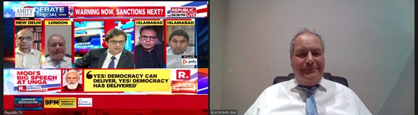 BobBlackman's tweet photo. Pleased to be interviewed on @RepublicTVs following @PMOIndia address to #UNGA &amp; debate in @HouseofCommons on #JammuKashmir. We need alliance of democracies to defeat terrorism. We saw events in #Afghanistan following withdrawal of #USArmy &amp; #UKarmy with #TalibanTakeover https://t.co/p4wWVR9hml