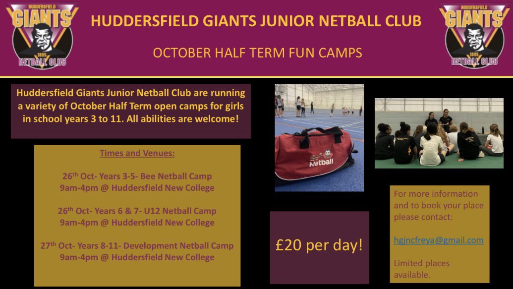 HuddersfieldGiantsNetball (@netballgiants) on Twitter photo 🖤🤩HUDDERSFIELD GIANTS OCTOBER HALF TERM FUN CAMPS ONLY £20 PER DAY!🤩 🖤
Open to all girls in years 3 to 11! Please email hgjncfreya@gmail.com to book your place. 🖤🤩HUDDERSFIELD GIANTS OCTOBER HALF TERM FUN CAMPS ONLY £20 PER DAY!🤩 🖤
Open to all girls in years 3 to 11! Please email hgjncfreya@gmail.com to book your place.