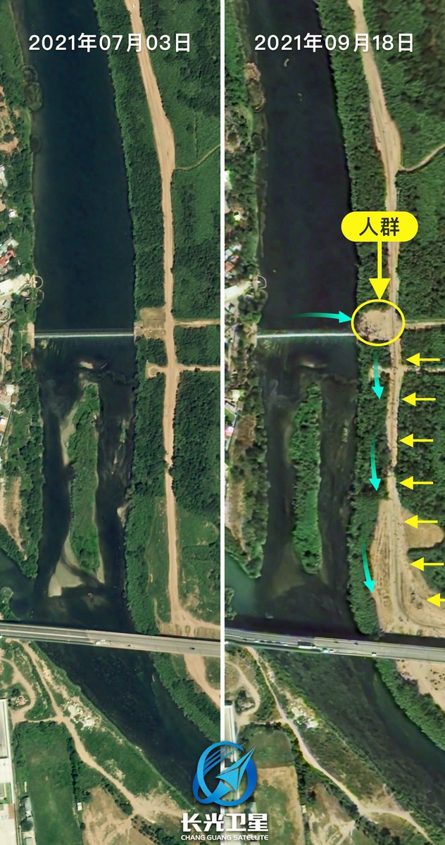 CNSAWatcher's tweet photo. 🙏#PrayForMigrants Jilin(吉林)-1 remote sensing satellite of CharmingGlobe(长光) captured the “humanitarian crisis” at USA-Mexico border, where migrants from Mexico gathered and “settled” in the camp on the USA side next to the Del Rio bridge on Sept 18. https://t.co/iVOTLTSLU6 https://t.co/IXDlVGIge6