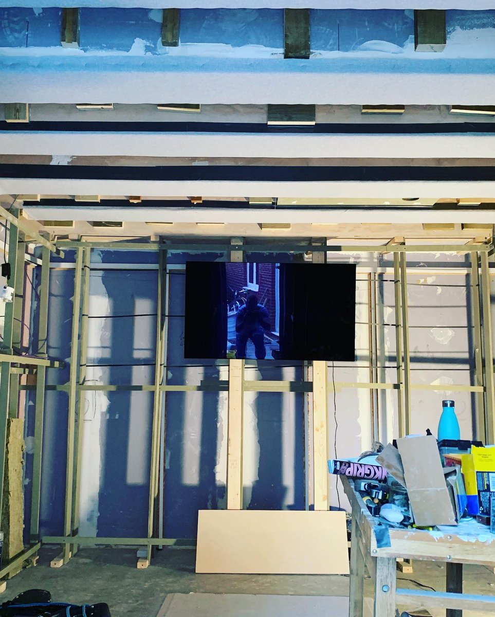 rossmillership's tweet photo. UPDATE!! 
A pile of limp bag base traps (15 for the front wall); loft roll and fabric panels in place in the ceiling; and the TV tested in its place. 
#BigAtmosStudioBuild https://t.co/C7TrkRG47s