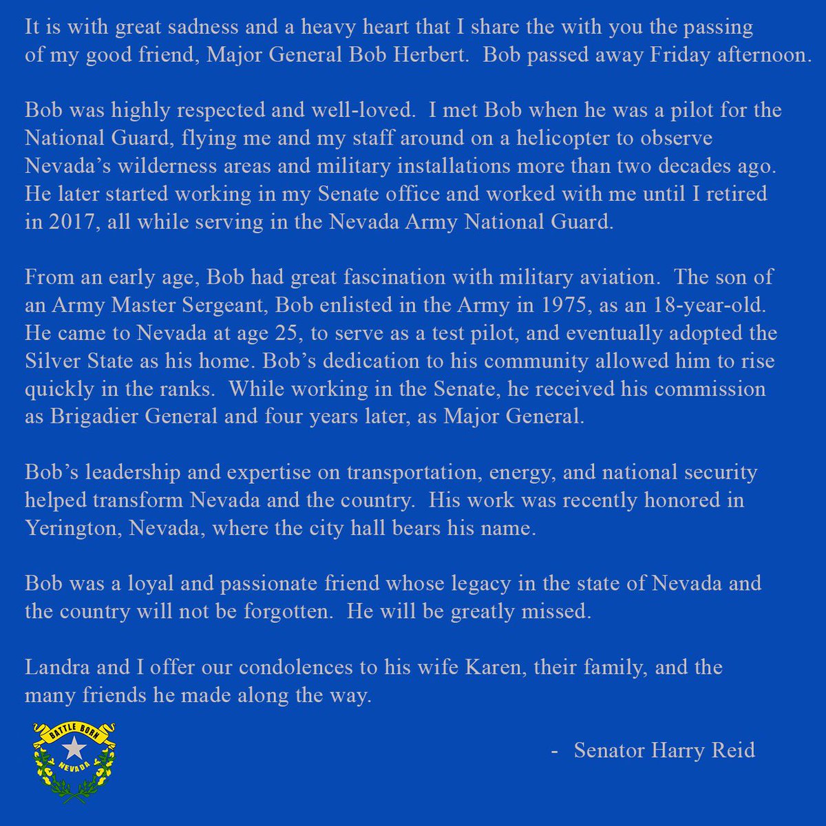 My statement on the passing of my friend Major General Robert T. Herbert.