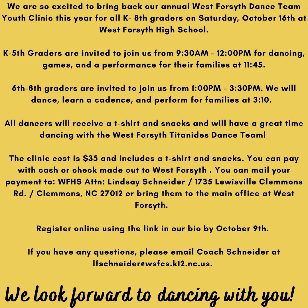 The Titanides Dance Team is SO excited for our Youth Clinic on October 16! <a href="/BoosterWest/">West Forsyth Booster</a> <a href="/WFSportsMktg/">West Forsyth Sports Marketing</a> Register here: docs.google.com/forms/d/e/1FAI…
