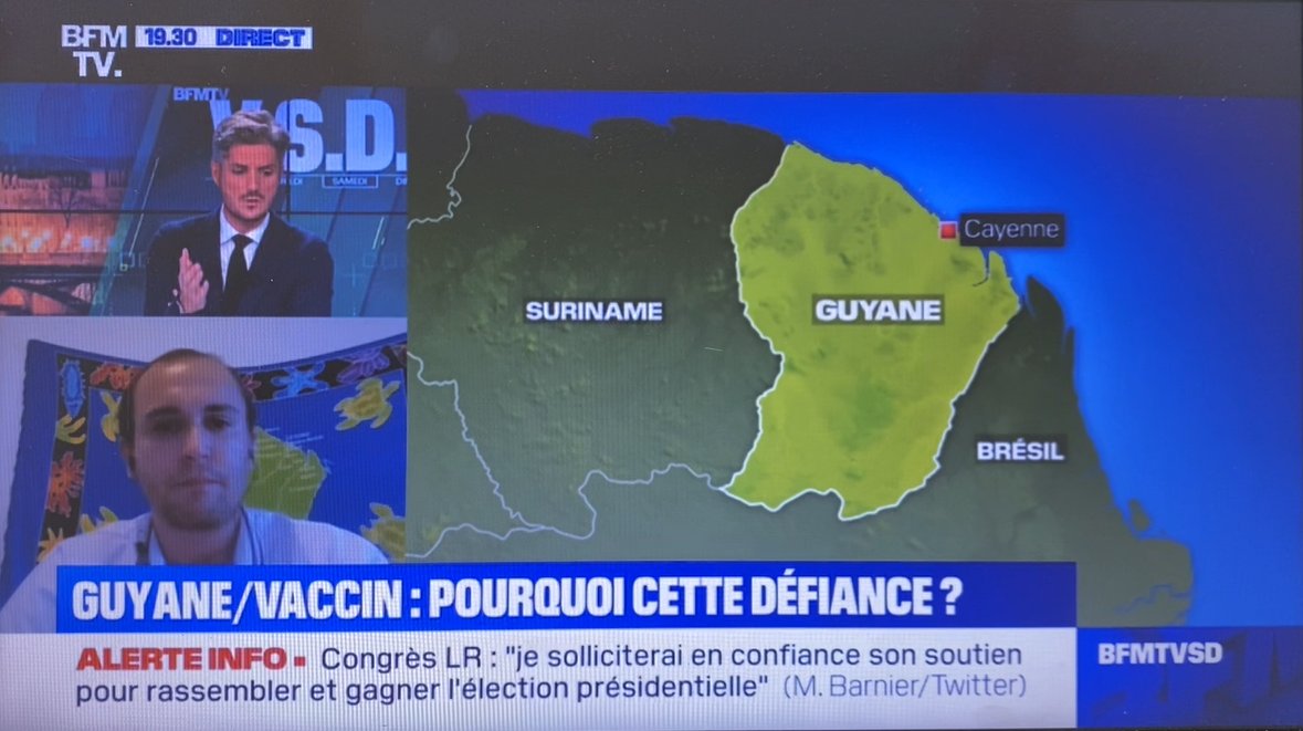 guillaume_icher's tweet photo. J'étais ce soir en direct sur @BFMTV afin de parler de la situation critique en Guyane et évoquer les propos de Monsieur le ministre @SebLecornu que nous avons rencontré ce matin au @CHCayenne973 .
Un immense merci au Vice-Président du @Senat  @GeorgesPatient pour ses paroles. https://t.co/WUEvi0aql6