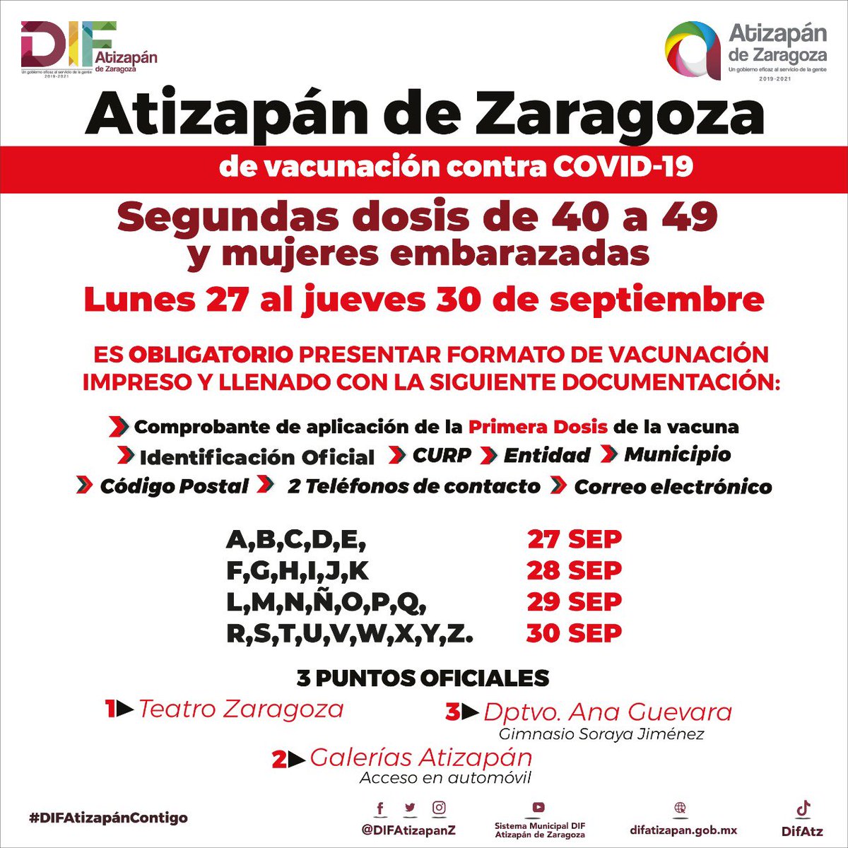 DIFAtizapanZ's tweet photo. Del 27 a 30 de septiembre en #AtizapánDeZaragoza se llevará a cabo la aplicación de la #2daDosis de la vacuna contra #COVID19 a la población de 40 𝙖 49  años de edad y a mujeres embarazadas.
#AtizapánSeVacuna
#DIFAtizapánContigo https://t.co/4KWFmTZxZN