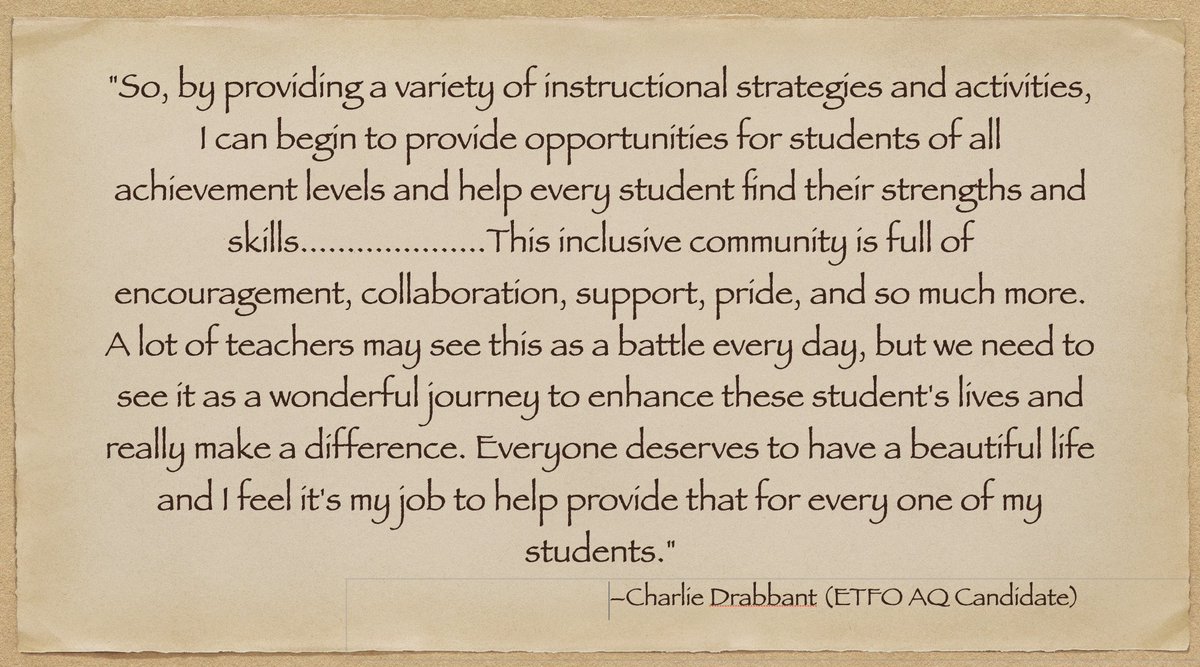 I was inspired by this candidate's reflections on inclusion in ETFO's Special Education Part 2 AQ.....
<a href="/etfoaq/">ETFO AQ</a> #etfoaq #SpecialEducation
Thank you <a href="/MrDeeTeach/">Charlie Drabbant</a>