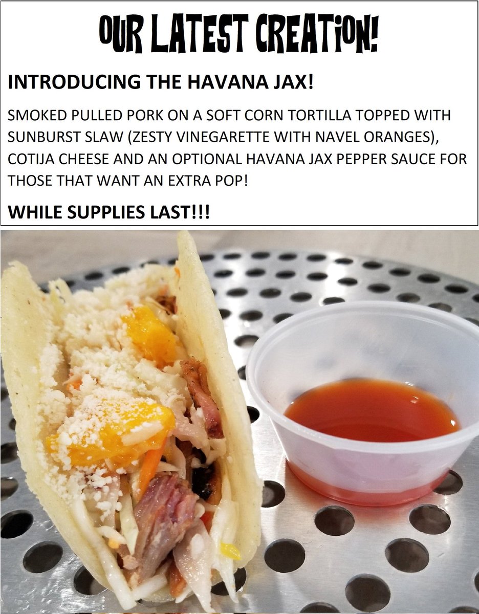 Introducing the Brand Spankin New "Havana Jax" Taco! Soft corn shell, bbq smoked pork, Sunburst Citrus slaw and cotjia cheese! Supplies won't last so swing by today! Pairs well with a @parishbrewingco Ghost in the Machine x2IPA! #atimefortacos