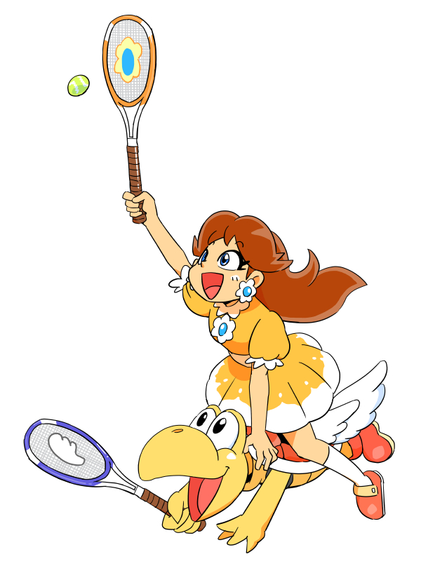 princess daisy 1girl racket tennis racket brown hair dress jewelry earrings  illustration images