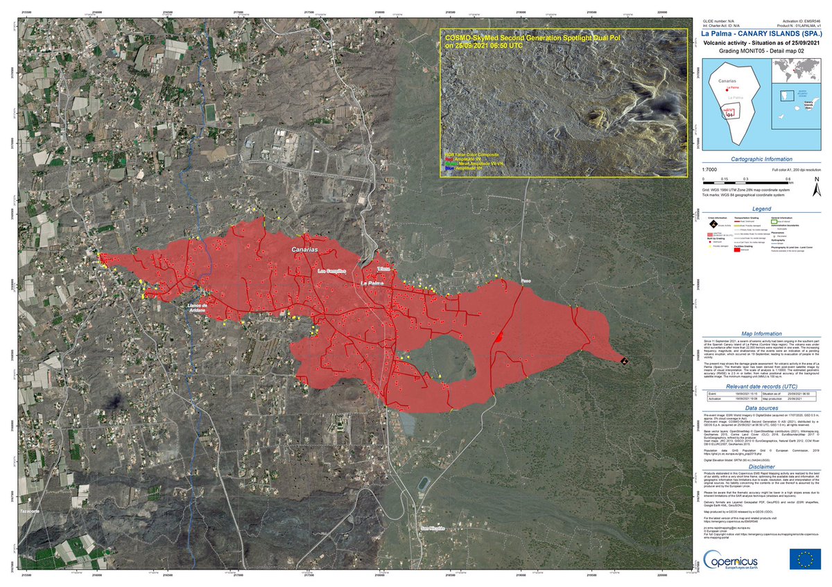 #EMSR546 #ErupciónLaPalma

Our #RapidMappingTeam has released its 5th monitoring product for #LaPalma 🇪🇸 using a new radar image

It shows:
🏠461 buildings destroyed (+41 compared to Monit04)
🌋the lava flow covers 212 ha (+21.4 ha in 35h)
🚧 16.9 km of roads destroyed