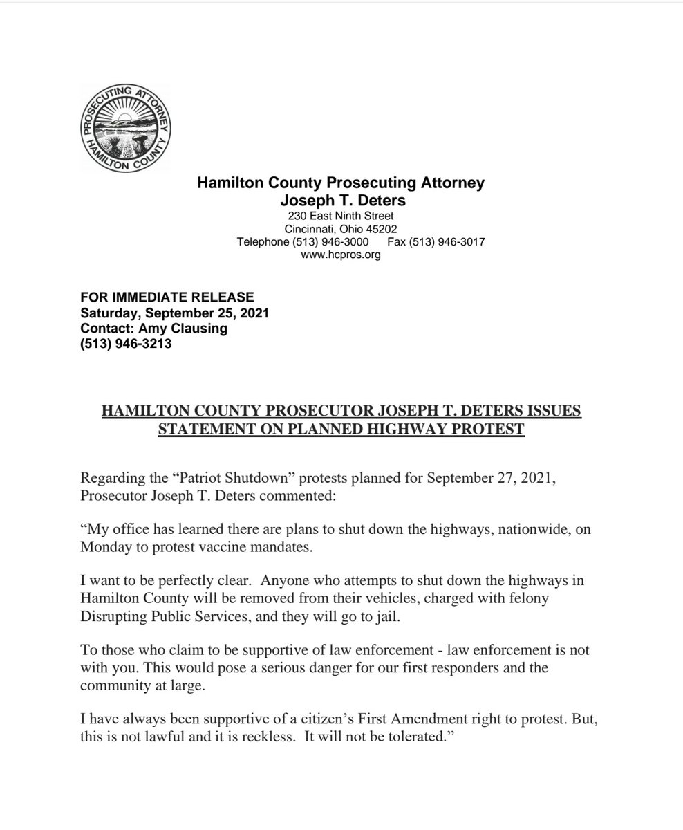 This just now from the Hamilton County Prosecutor's Office on rumblings of anti-vaccine mandate protests shutting down highways