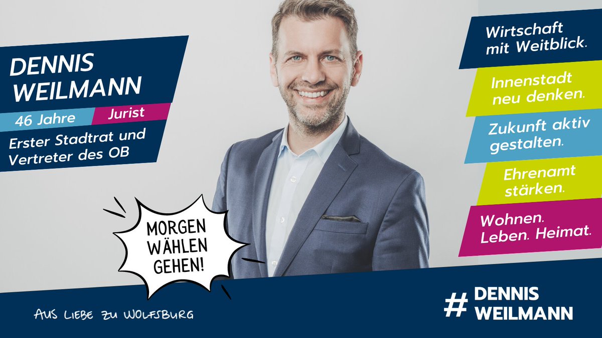 #Stichwahl Morgen wählen Sie Ihren neuen Oberbürgermeister. Und ich bitte Sie erneut um Ihre Stimme! Wählen Sie mich zu Ihrem neuen Oberbürgermeister und lassen Sie uns unsere Stadt gemeinsam in die Zukunft führen. #ausliebezuwolfsburg #oberbürgermeisterfürwob #wolfsburg