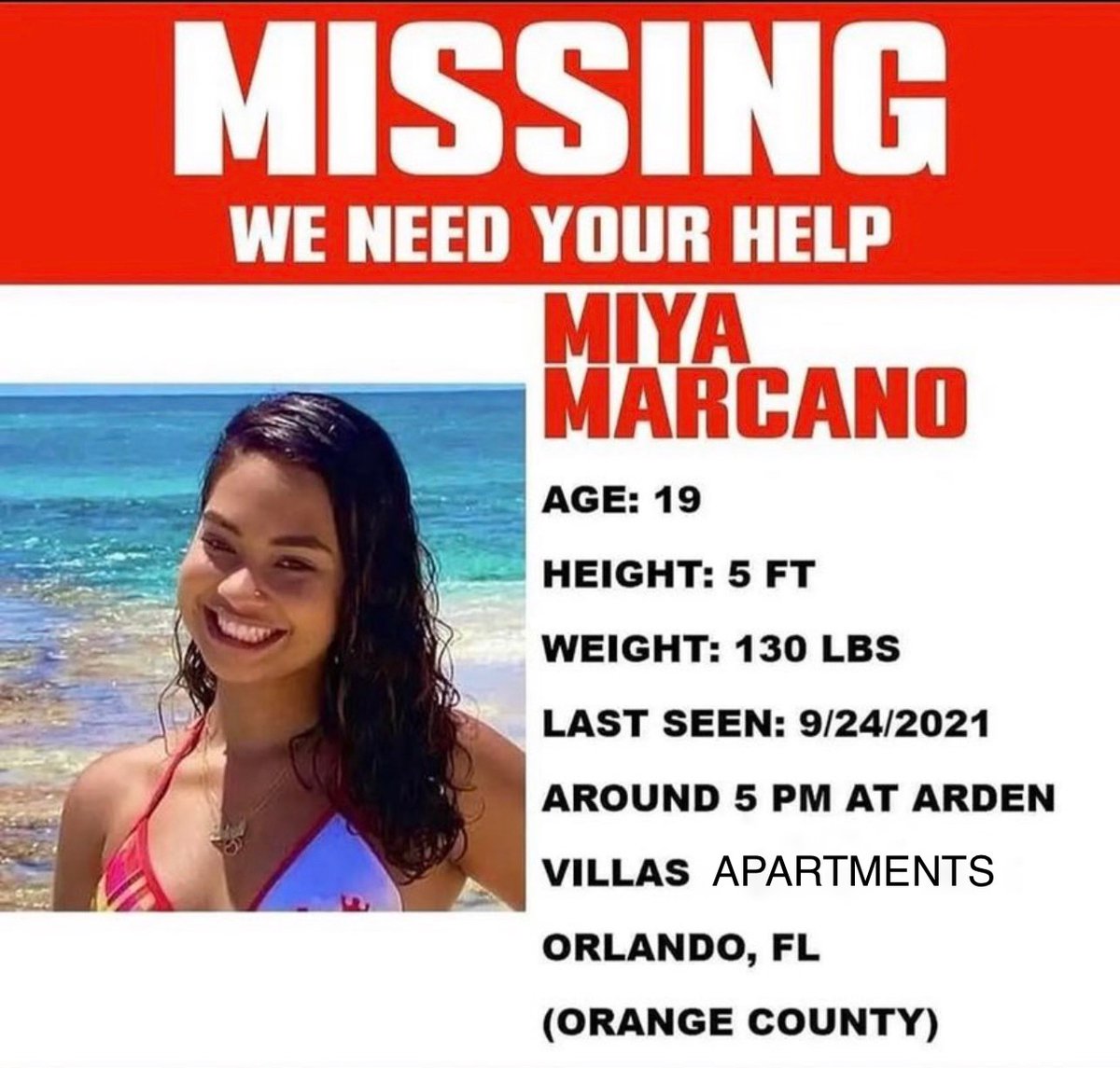 MISSING: Miya Marcano, 19, was last seen around 5 p.m. on 9/24 at the Arden Villas apartments (3303 Arden Villas Boulevard, Orlando).

We are actively investigating this case and urge anyone with info to call the OCSO non-emergency line at 407-836-4357. If you see Miya, call 911.